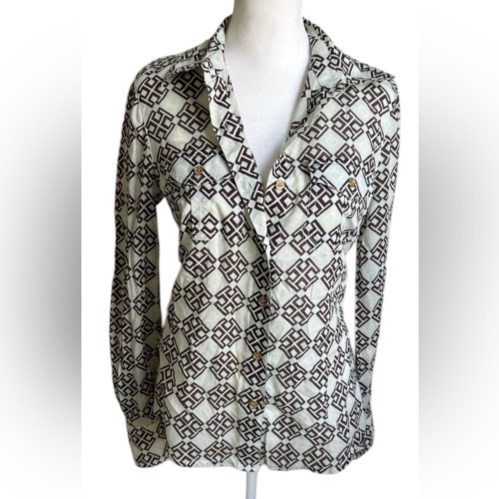 ▶️ Tory Burch Logo Print Blouse Women 2 Sheer Button Front Collared Long Sleeve